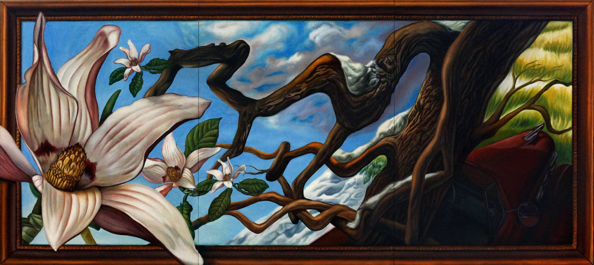 Colorful mural painting of a magnolia flower and tree.